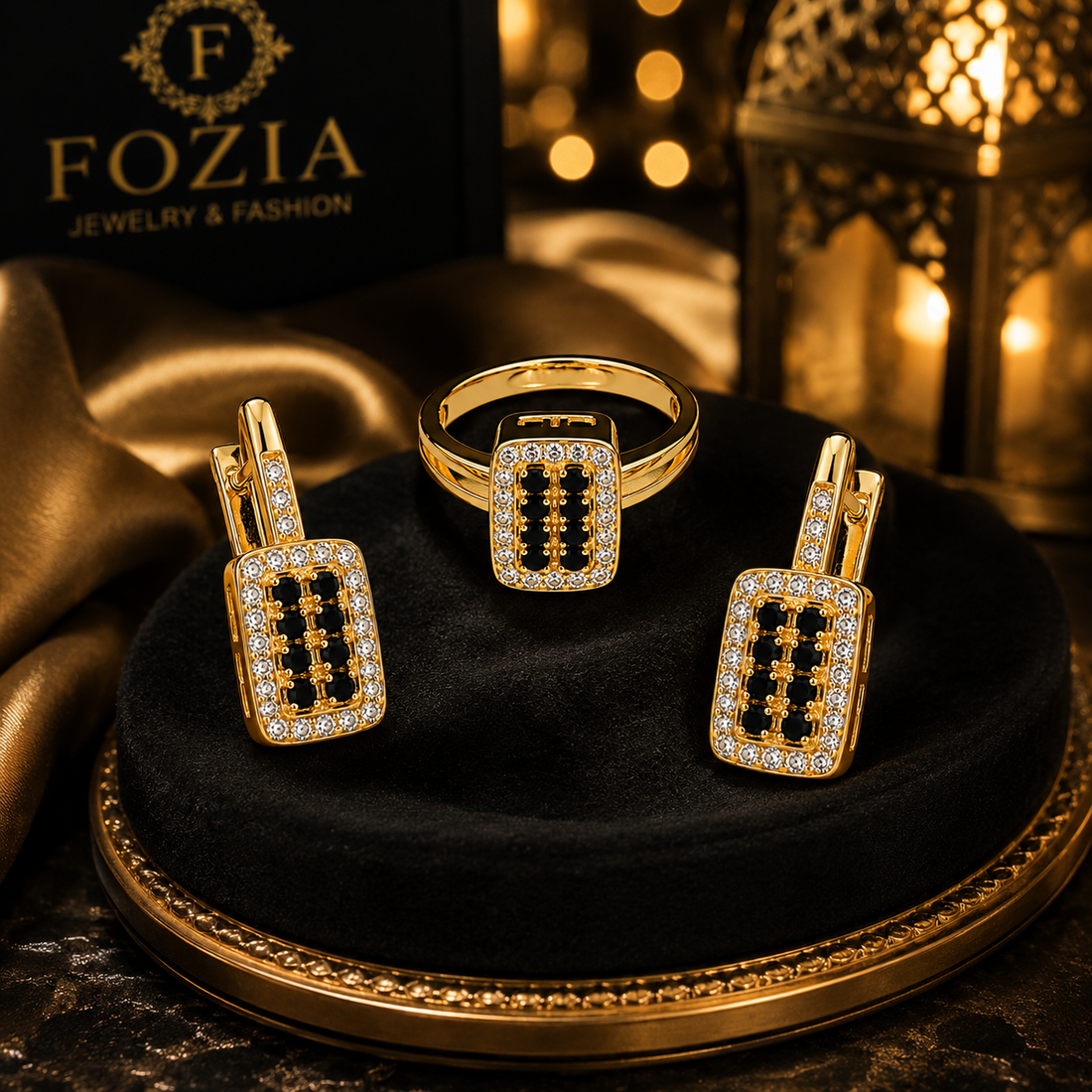 Royal Noir Crystal Ring & Earrings Set