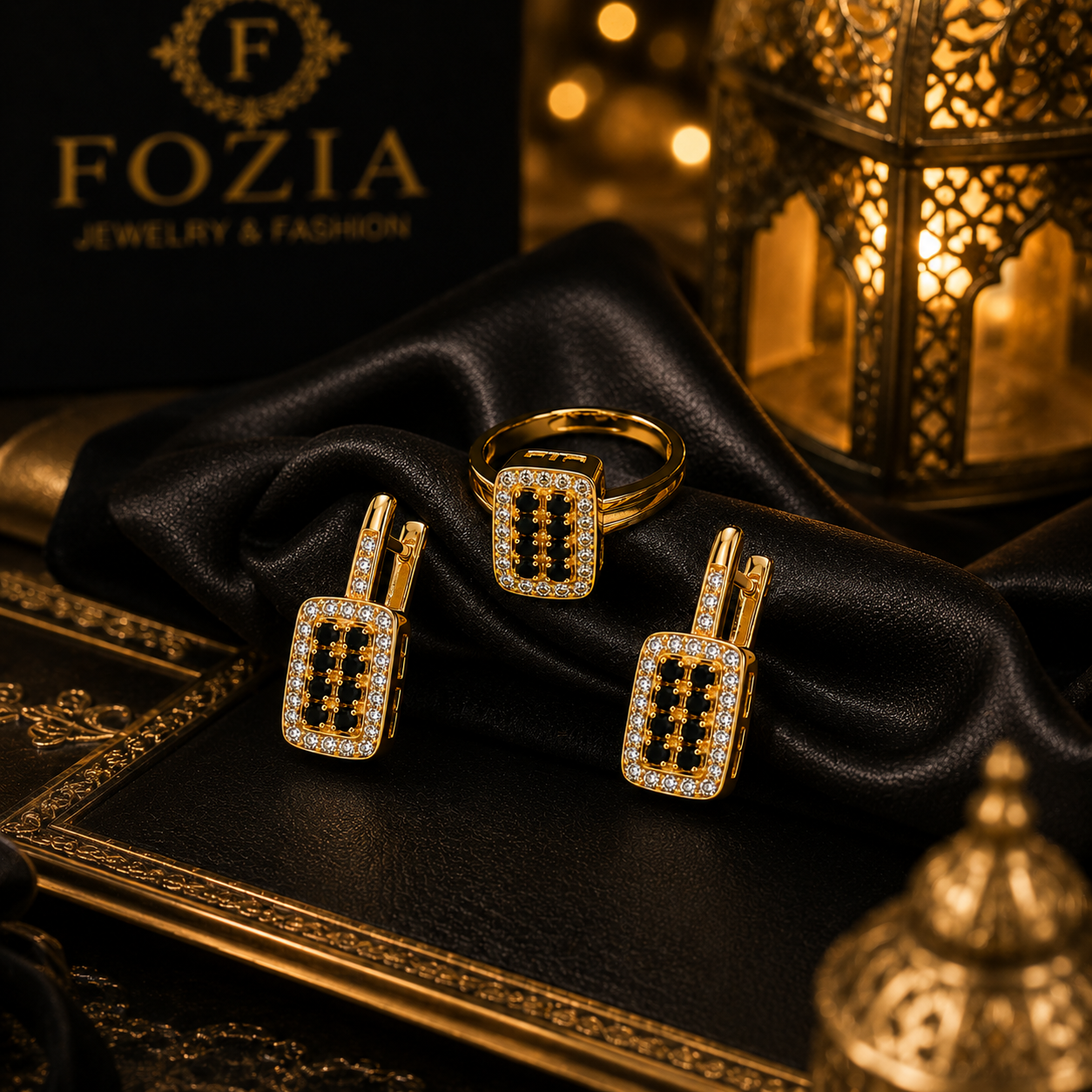 Royal Noir Crystal Ring & Earrings Set