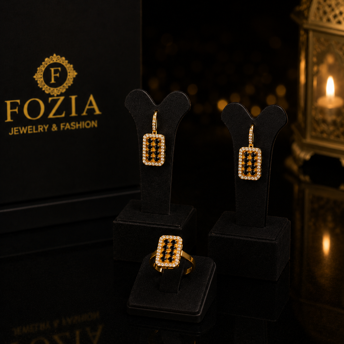 Royal Noir Crystal Ring & Earrings Set