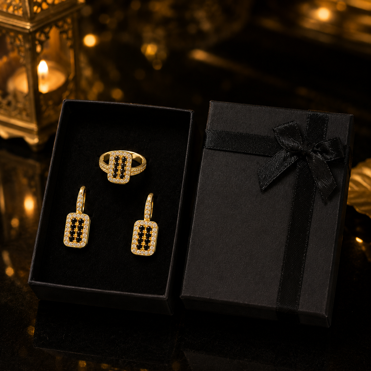 Royal Noir Crystal Ring & Earrings Set