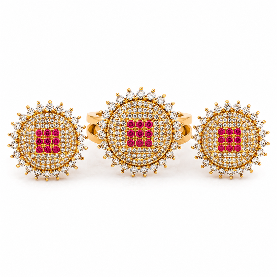 Royal Ruby Halo Ring + Earrings Set