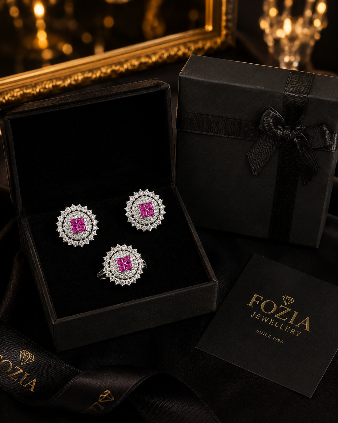 Royal Pink Halo Silver Ring + Earrings Set