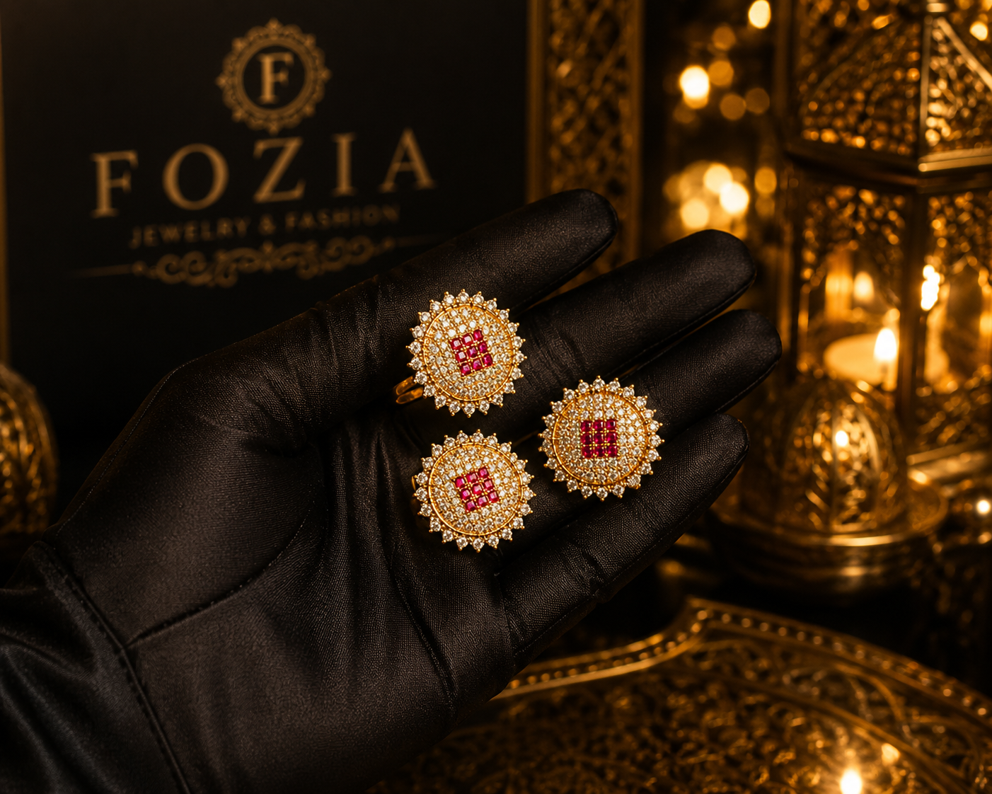 Royal Ruby Halo Ring + Earrings Set