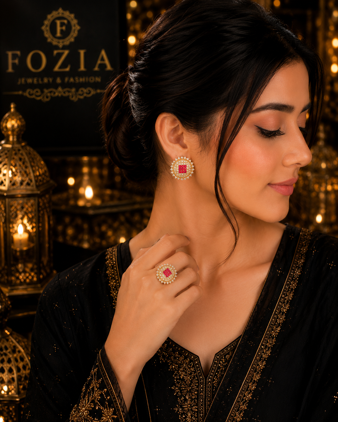 Royal Ruby Halo Ring + Earrings Set