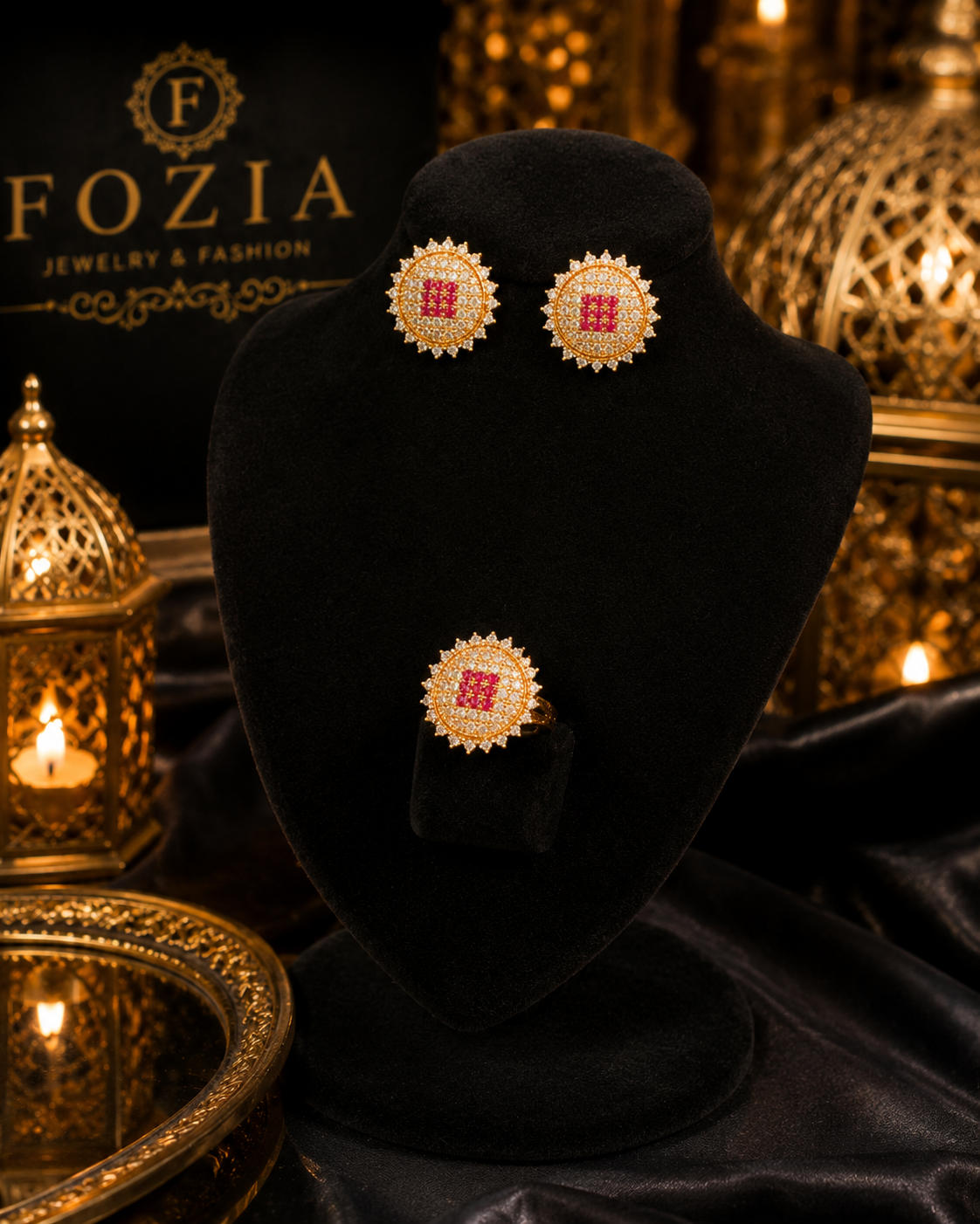 Royal Ruby Halo Ring + Earrings Set