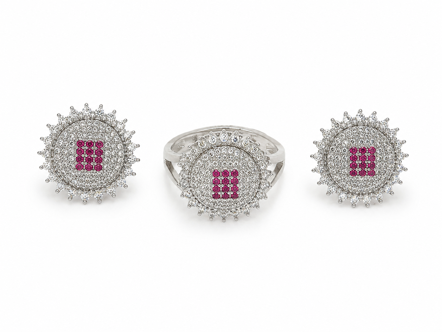 Royal Pink Halo Silver Ring + Earrings Set