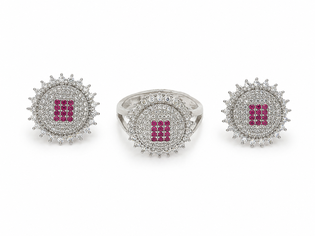 Royal Pink Halo Silver Ring + Earrings Set