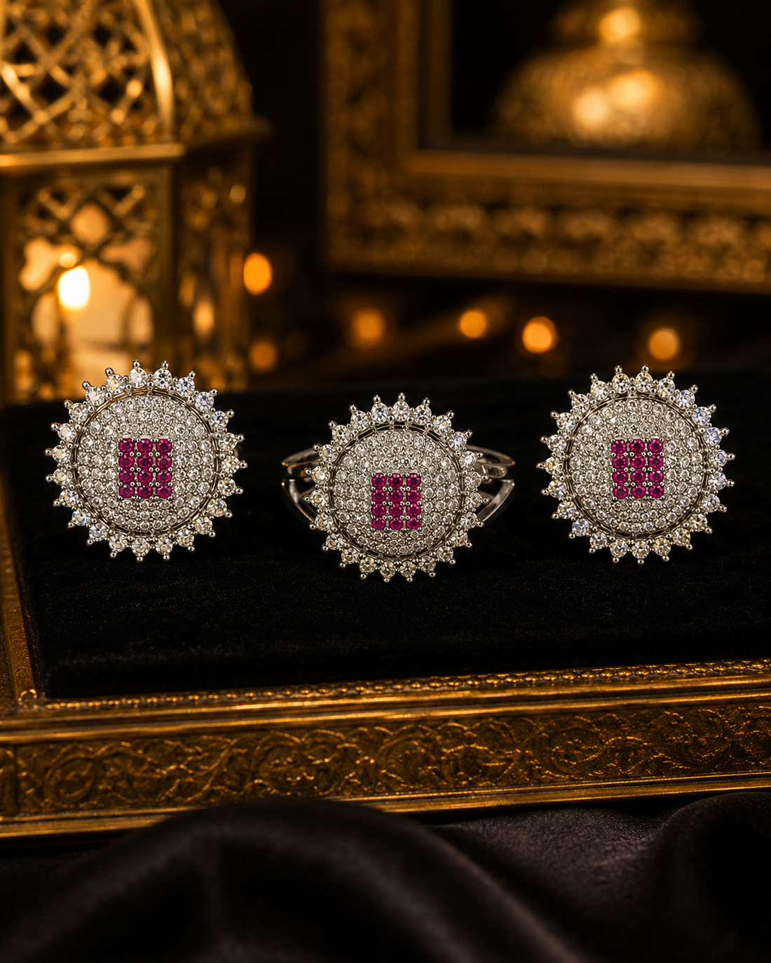 Royal Pink Halo Silver Ring + Earrings Set