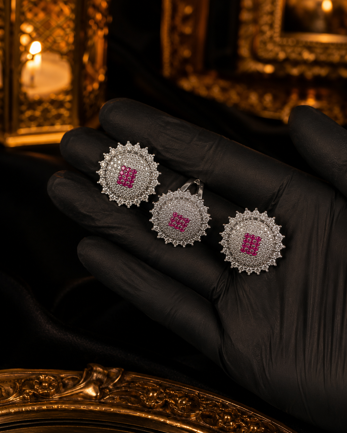 Royal Pink Halo Silver Ring + Earrings Set