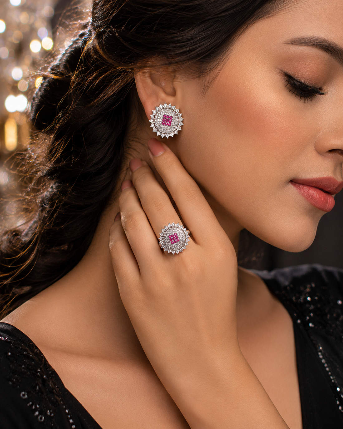 Royal Pink Halo Silver Ring + Earrings Set
