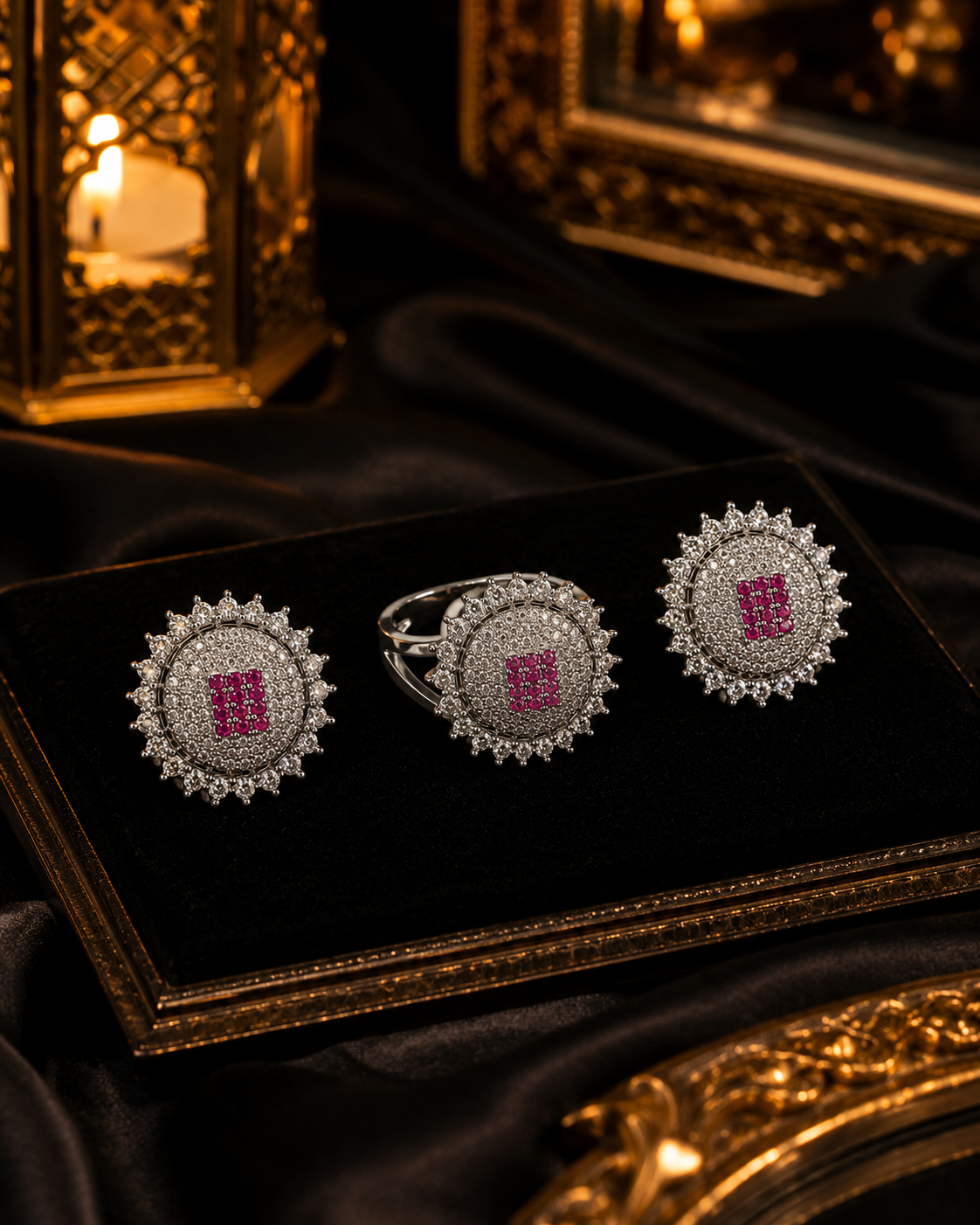 Royal Pink Halo Silver Ring + Earrings Set