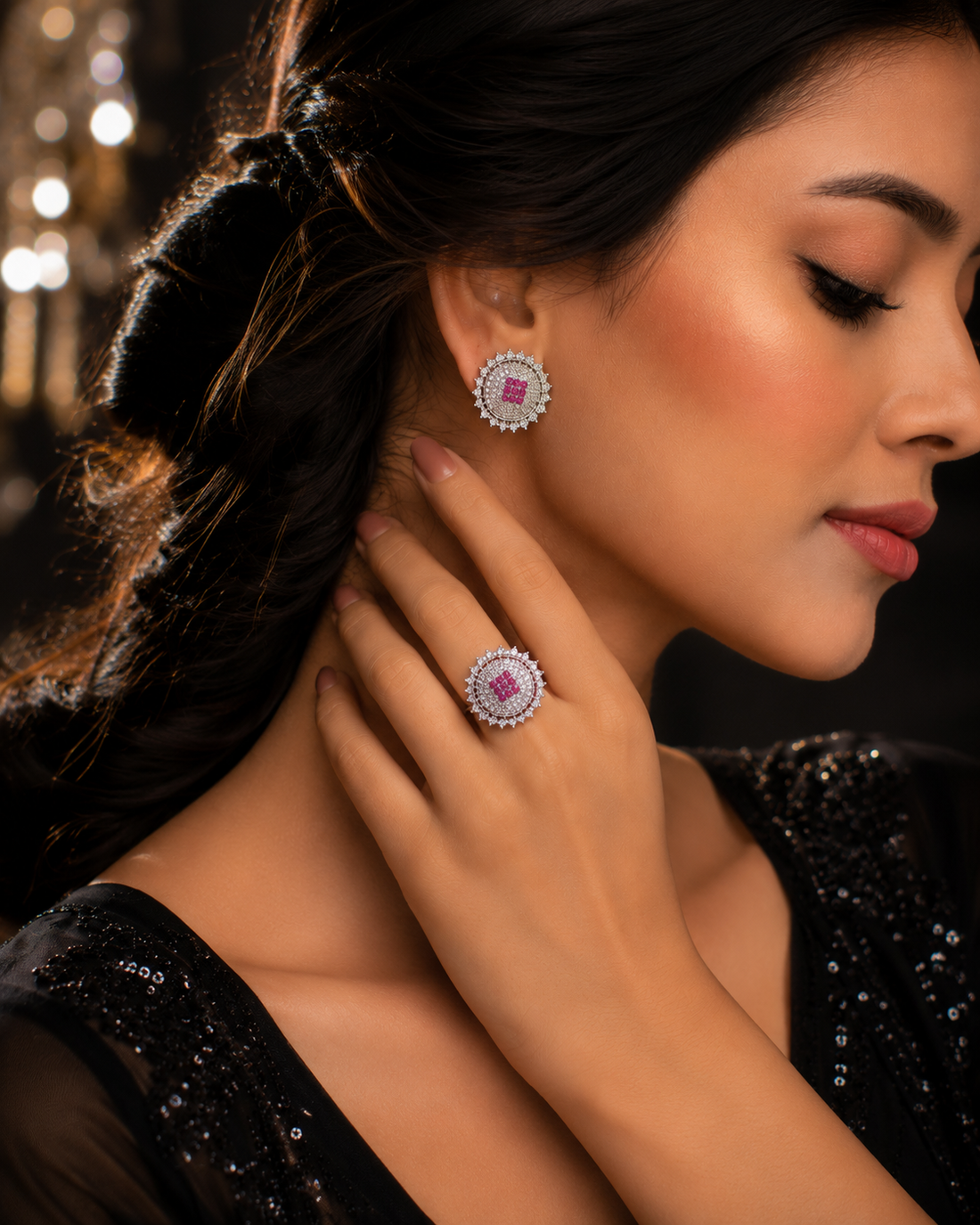 Royal Pink Halo Silver Ring + Earrings Set