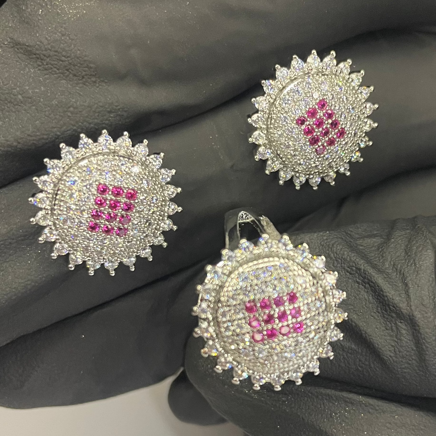 Royal Pink Halo Silver Ring + Earrings Set